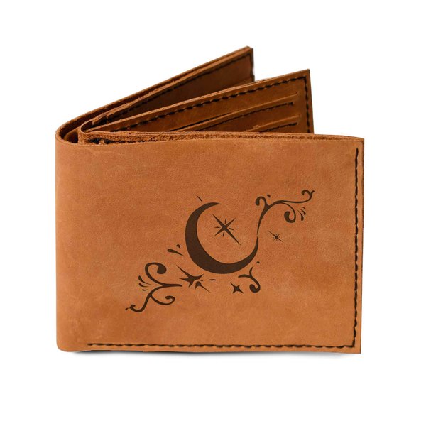 Men's Crescent Moon & Star Tattoo-3 Genuine Leather Trifold Wallet MHLT_05