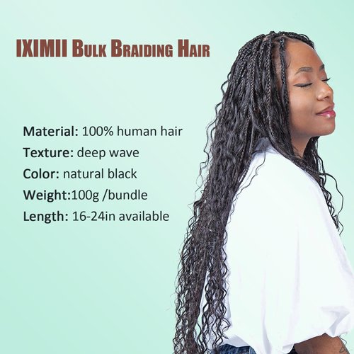 IXIMII Deep Wave Human Hair Bulk for Braiding 22 inch 3.5oz(100g) 100% Human Hair Bundles Natural Black No Weft Curly Hair Extensions for Boho Braids
