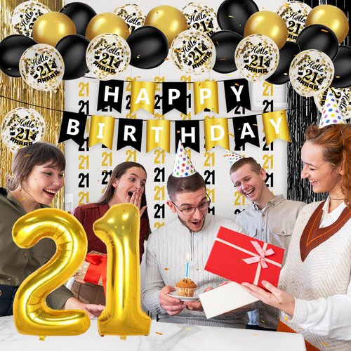 21st Birthday Party Decorations for Him Her Black Gold Happy 21st Birthday Banner Balloons Gold Number 21 Balloon Curtain Backdrop Black and Gold 21 Year Old Birthday Party Supplies for Men Women