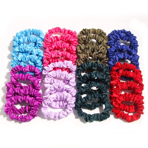Satin Scrunchies Hair Ties for Women Girls Small Elastic Band,Furling Pompoms 32 Pcs Hair Bobbles Scrunchie Thick Thin Hair Ponytail Holders Accessories Colorful Mix