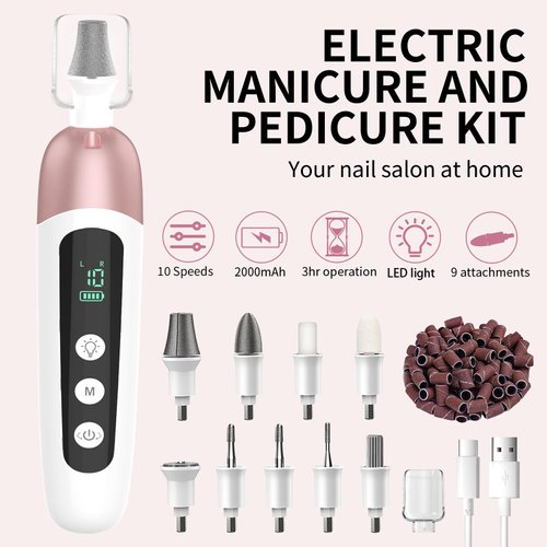 Cordless Electric Nail File Set, Professional Manicure Pedicure Kit, 10 Speed Portable Nail Drill Machine with Memory Modes, Pedicure Tools for feet, Hand Foot Care Tool for Thick Nail Toenail Cuticle