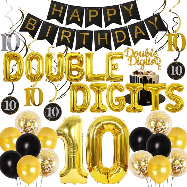JOYMEMO Double Digits 10th Birthday Decorations Black and Gold for Boys Girls, Double Digits Balloon Banner Cake Topper Hanging Swirls for 10 Years old Birthday Party Supplies