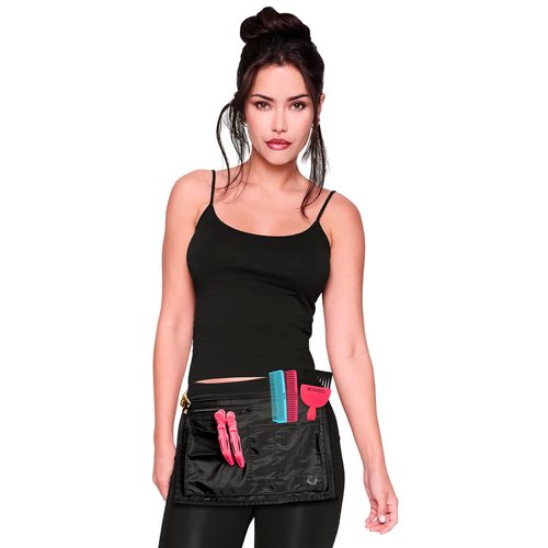 Colortrak Hip Hugger Salon Apron with Interchangeable Black and Leopard Straps, 5 Functional Pockets Including Bottom Zippered Hair Removal Pocket, Adjustable Fit