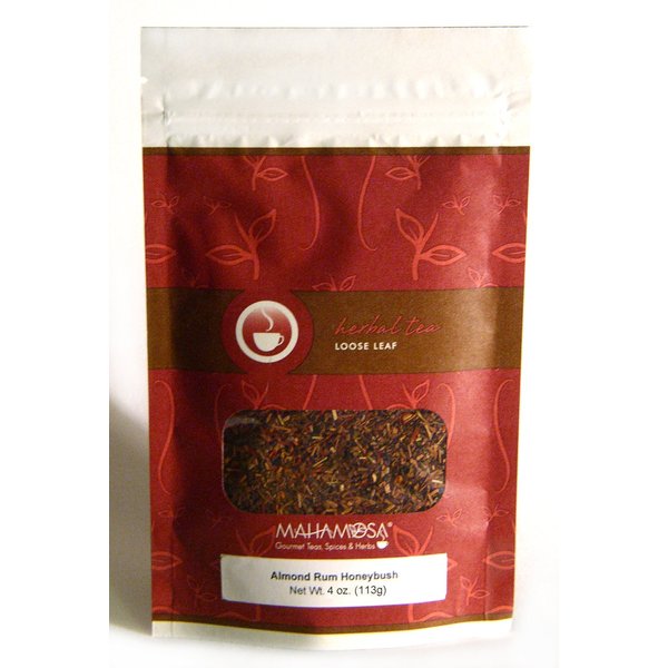 Mahamosa Almond Rum Honeybush Tea 4 oz, Loose Leaf Honeybush Herbal Tea Blend (honeybush, almond, safflower with almond, macadamia nut and rum flavor), Dessert Tea