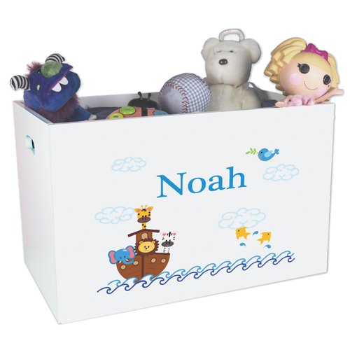 My Bambino Personalized Noahs Ark Toy Box Custom White Wooden Animals Bin Child Safe with No Lid Storage Playroom Nursery Baptism Religious Baby Gift
