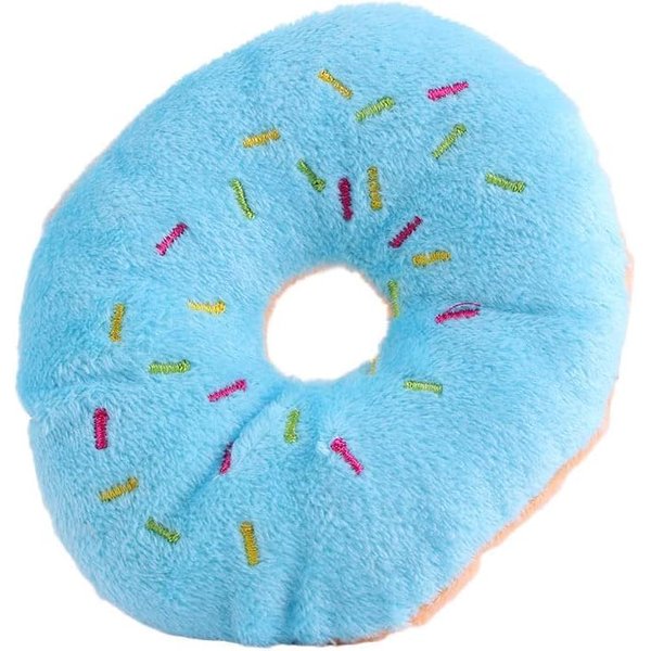 DPWOUM 1Ps Blue 4.3Inch Assorted Donut Dog Chew Toy Cat Squeaky Sound Toy Puppy Cat Soft Plush Toys Dog Squeak Toys for Interactive Play Small to Medium Dogs Cats