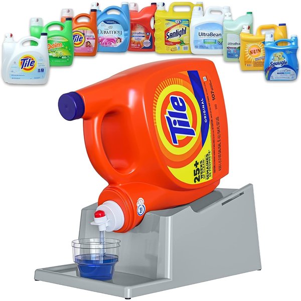 Skywin TidyFriend No-Spill Liquid Laundry Detergent Dispenser Holder, Laundry Soap Dispenser Holder with Drip Tray for Laundry Room Organization (No Strap, Grey)