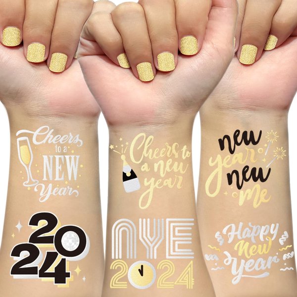 AOYOO New Years Eve Party Supplies Tattoos - 40 Glitter Styles, Black and Metallic Gold Temporary Tattoos, NYE Party Favors, Happy New Year Decorations, NYE 2024 Decor