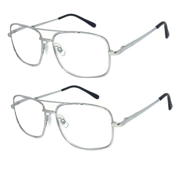 V.W.E. 2 Pairs Metal Frame Aviator No Line Progressive Clear Lens Spring Hinge Reading Glasses (Silver, 3.00)