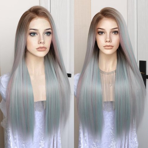 K'ryssma Highlight Pink Cyan Grey 13x6 Lace Frontal Wig Pre Plucked Glueless Long Straight 3 Tone Brown Roots Ombre Cyan Skunk Stripe Pink Synthetic 13x6 Lace Front Wigs for Women 24 Inches