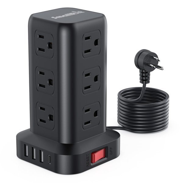 Surge Protector Power Strip Tower,10FT Extension Cord with Multiple Outlets, 12 AC 4 USB (1 USB C)，Mini Power Strip with USB Ports, Surge Protector Tower Overload Protection for Office, Desk