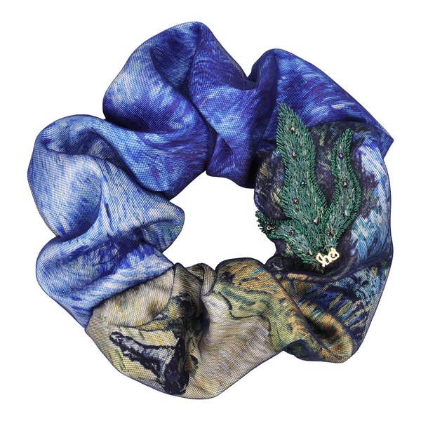 SHE'S FREE STYLE JUST FOR YOU[Van Gogh Starry Night] Silk Print Hair Scrunchie, Hand-beaded Embroidery hair bands for women's hair, Elegant Fabric Ponytail Holder hair ties no damage
