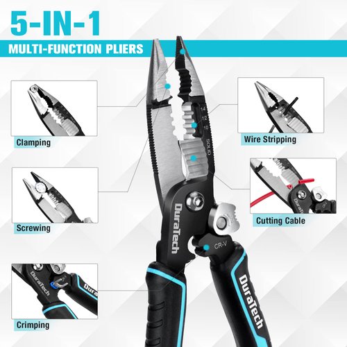 DURATECH 5-in-1 Wire Stripper, 8" Wire Stripper and Crimping Tool, Premium CR-V Construction, Needle Nose Plier, Multifunctional Electrician Pliers for Crimping, Cutting, Stripping, Shearing, Clamping
