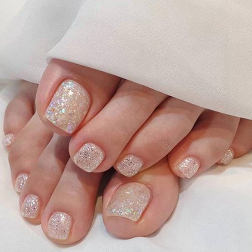 Generic Square Press on Toenails Short Shiny Fake Toe Nails Silver Glitters Stick on Toenails Full Cover Acrylic Toenail Kit for Women Girls Toenail Kit Cute Gel Toe Nails Supplies False Toe Nail Art