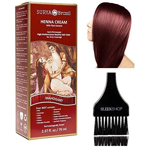 Surya Brasil All Natural HENNA Hair Color CREAM Plant Extracts, Semi-Permanent for Grey Coverage (with Brush) Brazil (MAHOGANY)