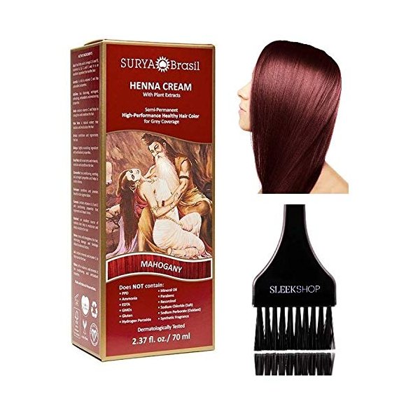 Surya Brasil All Natural HENNA Hair Color CREAM Plant Extracts, Semi-Permanent for Grey Coverage (with Brush) Brazil (MAHOGANY)