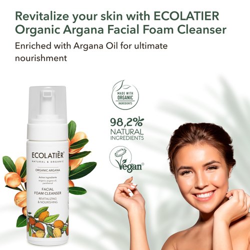 ECOLATIÈR Organic Argana Revitalizing & Nourishing Facial Foam Cleanser, 150ml - Vegan, 98.2% Natural - Argana Oil & Panthenol for Skin Revitalization - 5.1 Fl Oz