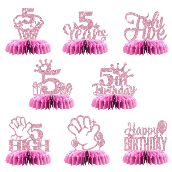 Maicaiffe 5th Birthday Table Honeycomb Centerpieses Decorations - Glitter 8 Pcs High Five Birthday Party Table Toppers Decor - Hello Five - Girl 5th Birthday Party Decoration Supplies