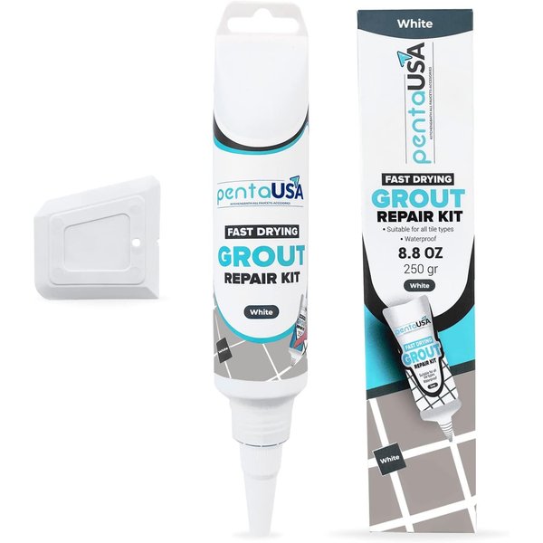 PentaUSA Tile Grout Repair Kit - White Grout Filler, Triple Protection, Fast Drying Formula Restores and Renews Grout Lines with Scraper (White, 8.8oz / 250gr)