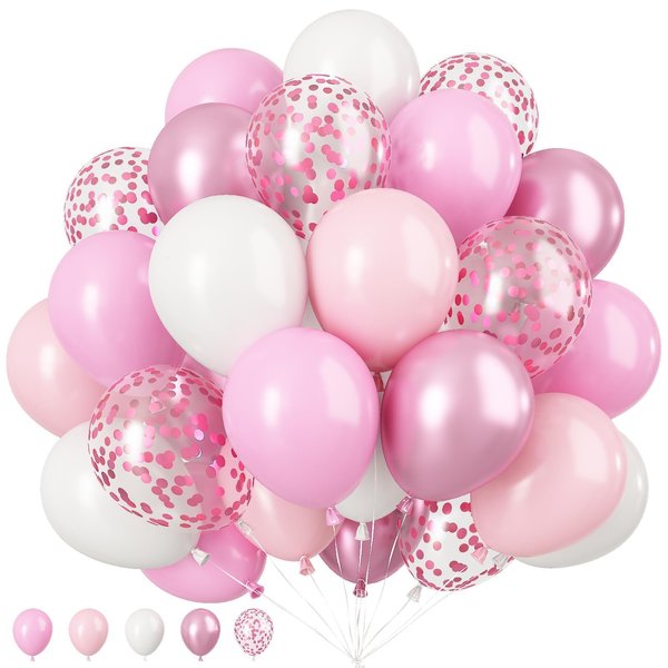 Pink and White Balloons, 12 Inch Pink White Metallic Chrome Pink Confetti Pink Latex Balloons with Ribbon Pink White Party Balloons Set for Girls Baby Shower Birthday Princess Party Decorations