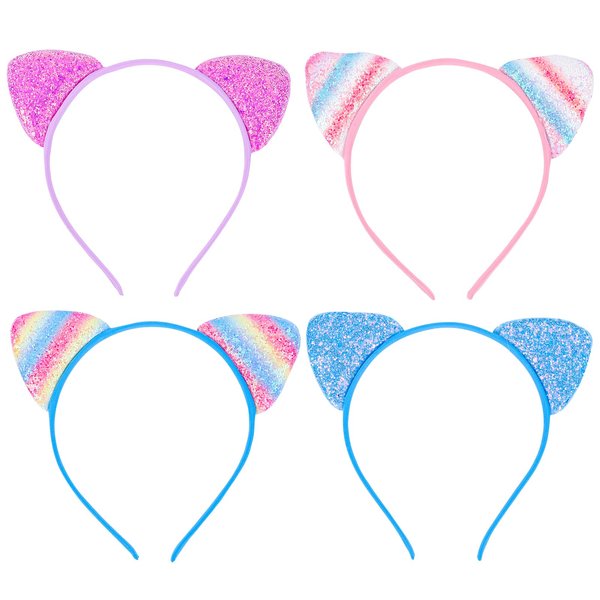 AMCAMI 4 Pcs Sequin Cat Ears Headband Birthday Girl Headband Cat Birthday Headdband Shiny Cat Ear Headband Cat Party Decorations Cat Party Favors Hair Accessories for Women