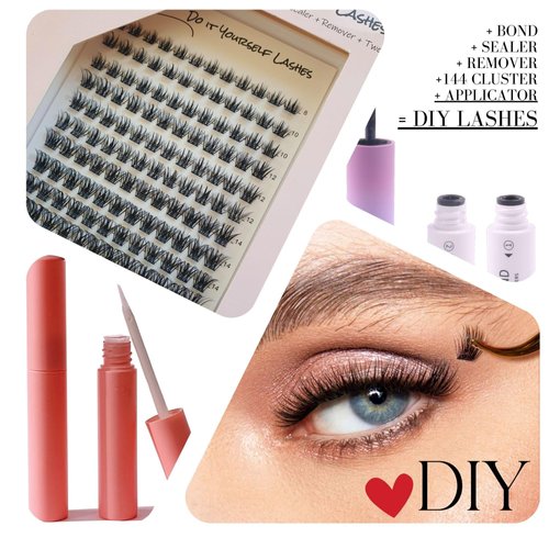 XXL Lashes Lashes Kit, 144 Cluster False-Eyelashes in 5 Lengths, Beginner-Friendly, Including Bond/Adhesive, Sealer, Remover, Applicator and Manual, Black