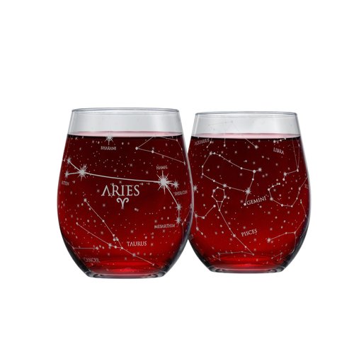 Greenline Goods Aries Stemless Wine Glasses Zodiac Aries Set Hand Etched 15 oz (Set of 2) - Astrology Sign Glassware