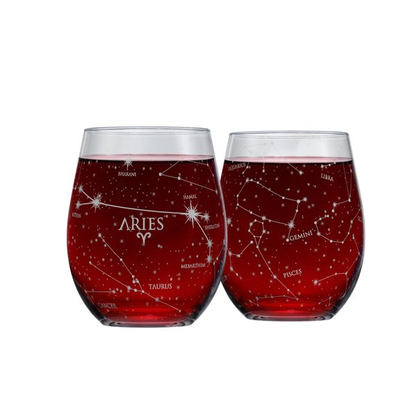 Greenline Goods Aries Stemless Wine Glasses Zodiac Aries Set Hand Etched 15 oz (Set of 2) - Astrology Sign Glassware