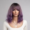 VKheroKV WS-02 Women's Wavy Wig With Hair Bang Shoulder Length Bob Wigs Synthetic Heat Resistant Natural Curly Wigs For Party Daily Cosplay (Ombre Purple)