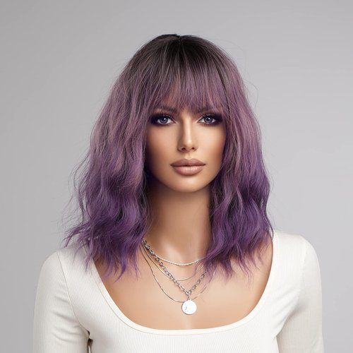 VKheroKV WS-02 Women's Wavy Wig With Hair Bang Shoulder Length Bob Wigs Synthetic Heat Resistant Natural Curly Wigs For Party Daily Cosplay (Ombre Purple)