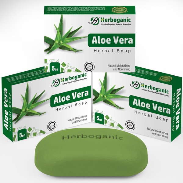 HERBOGANIC Aloe Vera Herbal Soap | Natural Bar Soap for Face and Body | Soothing and Nourishing | Infused with Aloe Vera | Gentle for Men and Women | 5 Oz (Pack of 3)