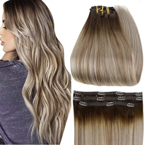 Full Shine Clip in Hair Extensions Human Hair 60 Grams Double Weft Clip in Extensions Balayage Color 3 Dark Brown Fading to 8 Ash Brown and 22 Blonde Clip ins Extensions 16 Inch