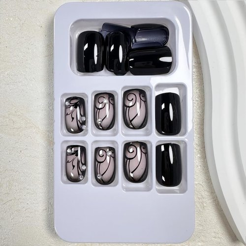 Black Press on Nails Short Square Fake Nails Black Butterfly Glue on Nails Full Cover Glossy Acrylic Nails Rhinestone Stick on Nails Reusable Luxury Artificial Nails for Women Girls Manicure 24Pcs