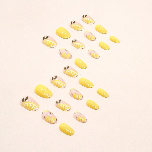 Press on Nails Short Round Fake Nails Lemon Glue on Nails Yellow Full Cover Acrylic False Nails Glossy & Summer Stick on Nails for Women 24Pcs