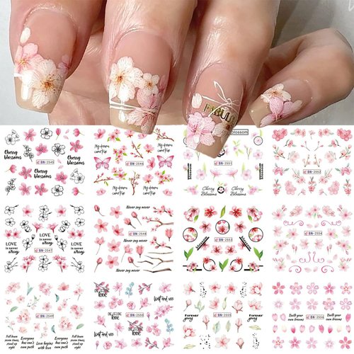 36 Sheets Flower Nail Art Stickers Decals Butterfly Water Transfer Nail Decals Pink Sakura with Designs Nail Decorations for Women DIY Nail Supplies