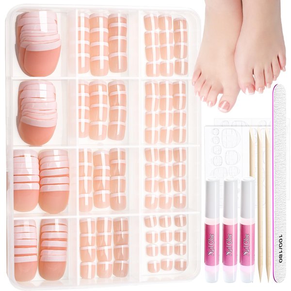 Teenitor 144pcs French Tip Press on Toenails with Nail Glue Set, 6 Sets Toe Nail Press Ons for Women, Fake Toe Nails Press on Toes Nails Glue on, Fake Toenails