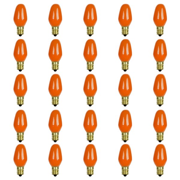 Sunlite 01270 7C7 Incandescent Bulb, 7 Watt, Candelabra E12 Base, C7 Small Night Light, Colored Bulb, Orange, 25 Count