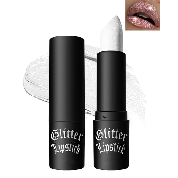 White Diamond Glitter Matte Lipstick, Gothic Shiny Lip Gloss, Sparkling High Pigment Longlasting Waterproof Smudgeproof Non-Stick Lipstick, Shimmer Lip Blam for Stage,Cosplay, Party Makeup-01