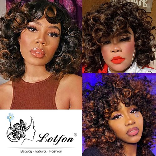 Lotfon Short Curly Wigs for Black Women Synthetic Hair Heat Resistant Fluffy Natura Wigs for African American Women (Brown)