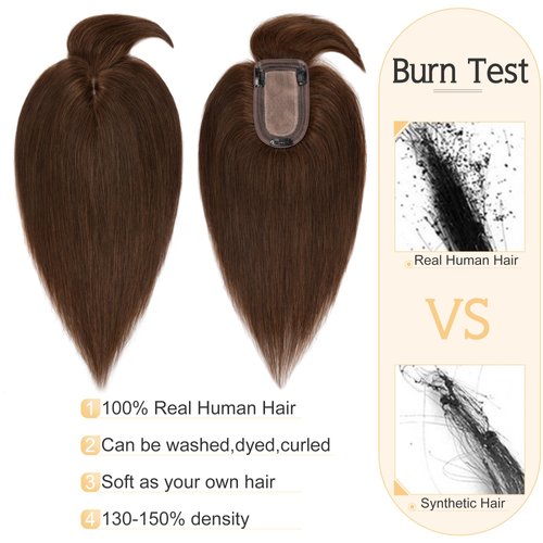 SEGO Hair Toppers for Women Real Human Hair With Bangs 7 * 13CM Silk Base 100% Remy Human Hair Clip in Top Wiglet Hair Pieces for Thinning Hair -10 Inch Medium Brown