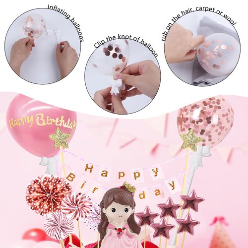 BlingABC Cute Girl Cake Topper 14Pcs, Little Girl Figure with Paper Fans Rose Gold Happy Birthday Banner Confetti Balloon Purple Star Decoration for Kids Birthday Baby Shower Party Supplies