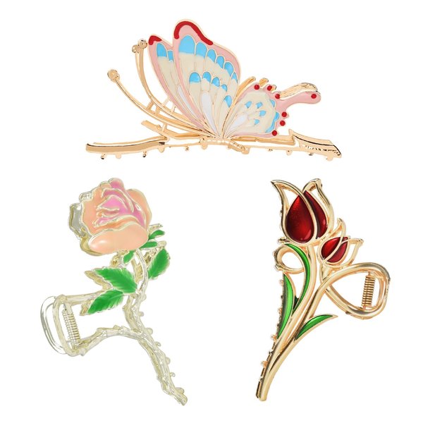 Yonchic 3-Piece Flower Metal Hair Clips, Butterfly Hair Claw for Thin/Medium Thick Hair, Elegant Red Tulip Floral Hair Barrettes Strong Hold Non-Slip Cute Pink Rose Hair Claws Accessories