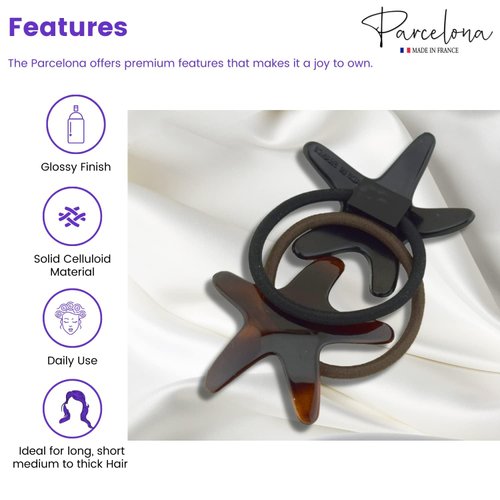 Parcelona French Sleek Star Brown Shell N Black Set of 2 Cellulose Hair Bands Non Slip Ponytail Holder Hair Ties Girls and Women Hair Accessories