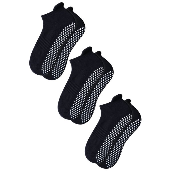 RATIVE Anti Slip Non Skid Barre Yoga Pilates Hospital Ankle Socks with grips for Adults Men Women (Small, 3-pairs/black)