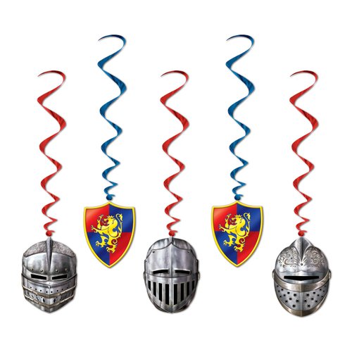 Beistle 5 Piece Medieval Theme Hanging Swirl Decorations with Helmet and Shield Icons for Princess Birthday Party Supplies, Whirls, Multicolored