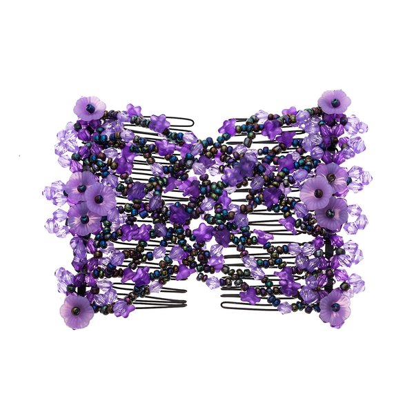 Ruihfas Vintage Beaded Crystal Flower Easy Stretchy Double Clips Hair Comb Hair Accessories (Purple)