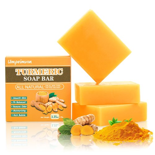 Umpeimvon 3 Pack Turmeric Soap Bar for Face & Body Cleanser, Smooth Skin and Moisturizing, All Natural Turmeric Skin Soap, Organic Handmade Ginger Soap – for All Skin Types, 3.53oz