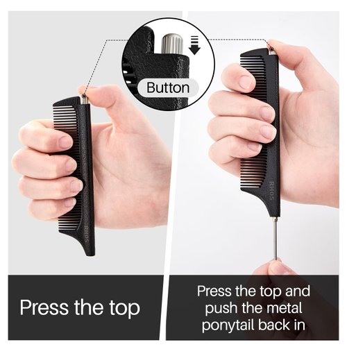 RHOS Carbon Retractable Rat Tail Comb for Parting, Portable Fine Tooth Teasing Comb for Styling, Hair Cutting, Braiding-Stainless Steel Pin Tail Teasing Comb, Black