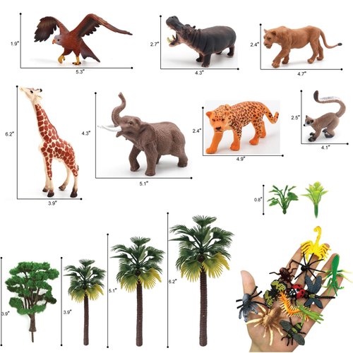 QuarenDen 49Pcs Rainforest Animals Figures, Model Scenery Kit, Jungle Animals Figures, Model Trees for Pinata Fillers, Boys Girls Educational Toys, Party Favors
