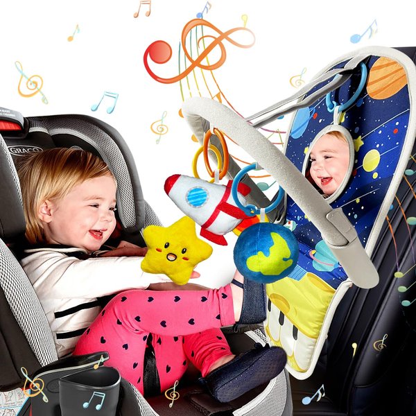 TOYMNI Car Seat Toys for Baby Toys 6 to 12 Months, Carseat Toys with Musical Pedal Piano, Baby Travel Toys with Baby Mirror and Squeaky Sensory Soft Infant Animal Toys, Baby Car Toys Rear Facing
